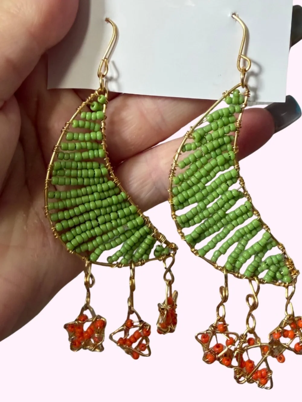 Artisan Beed Moon Stars Astrological Green and Orange Whimsical Dangle Earrings